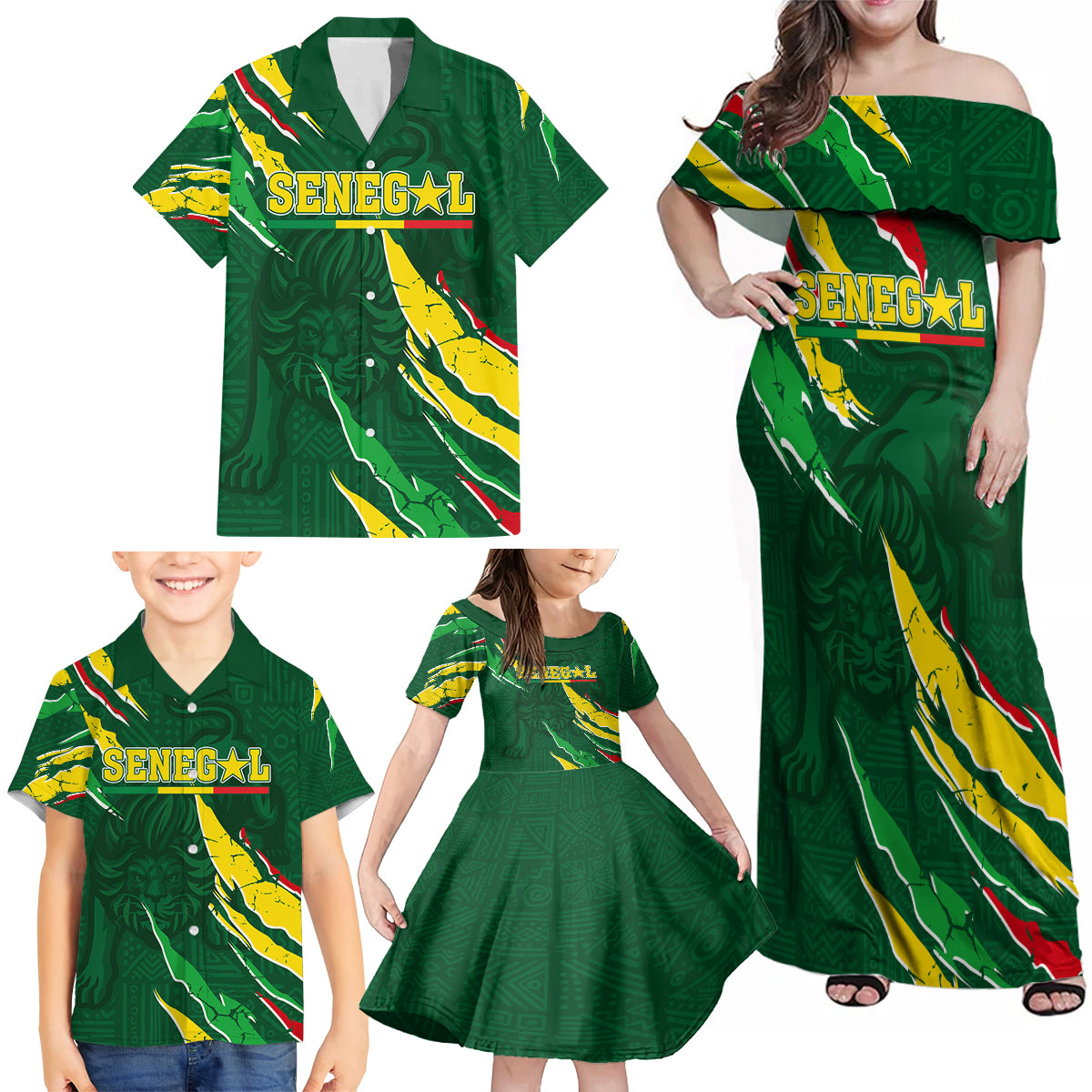 Custom Senegal Football Family Matching Off Shoulder Maxi Dress and Hawaiian Shirt Nations Cup 2024 Tranga Lions LT7 - Wonder Print Shop