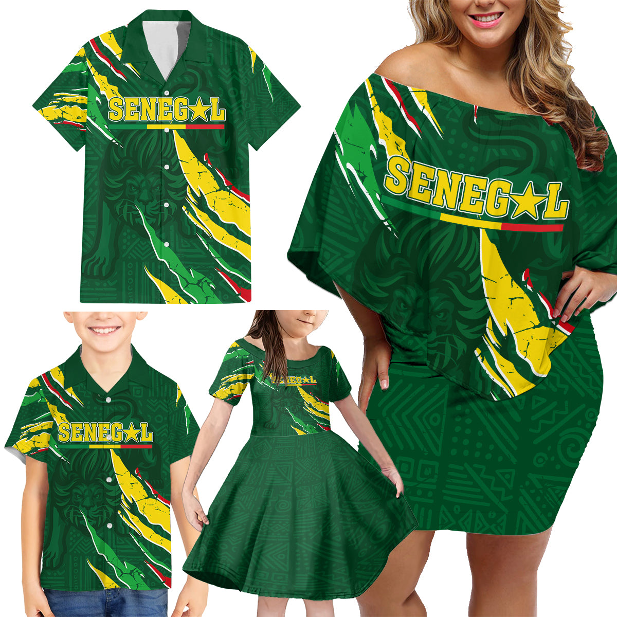 Custom Senegal Football Family Matching Off Shoulder Short Dress and Hawaiian Shirt Nations Cup 2024 Tranga Lions LT7 - Wonder Print Shop