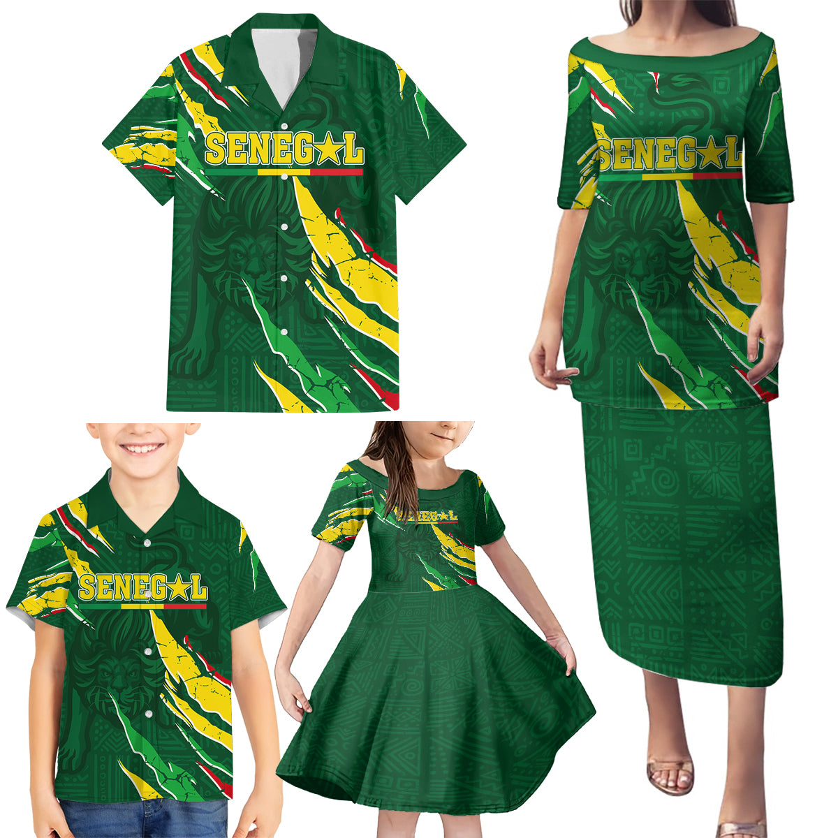 Custom Senegal Football Family Matching Puletasi and Hawaiian Shirt Nations Cup 2024 Tranga Lions - Wonder Print Shop