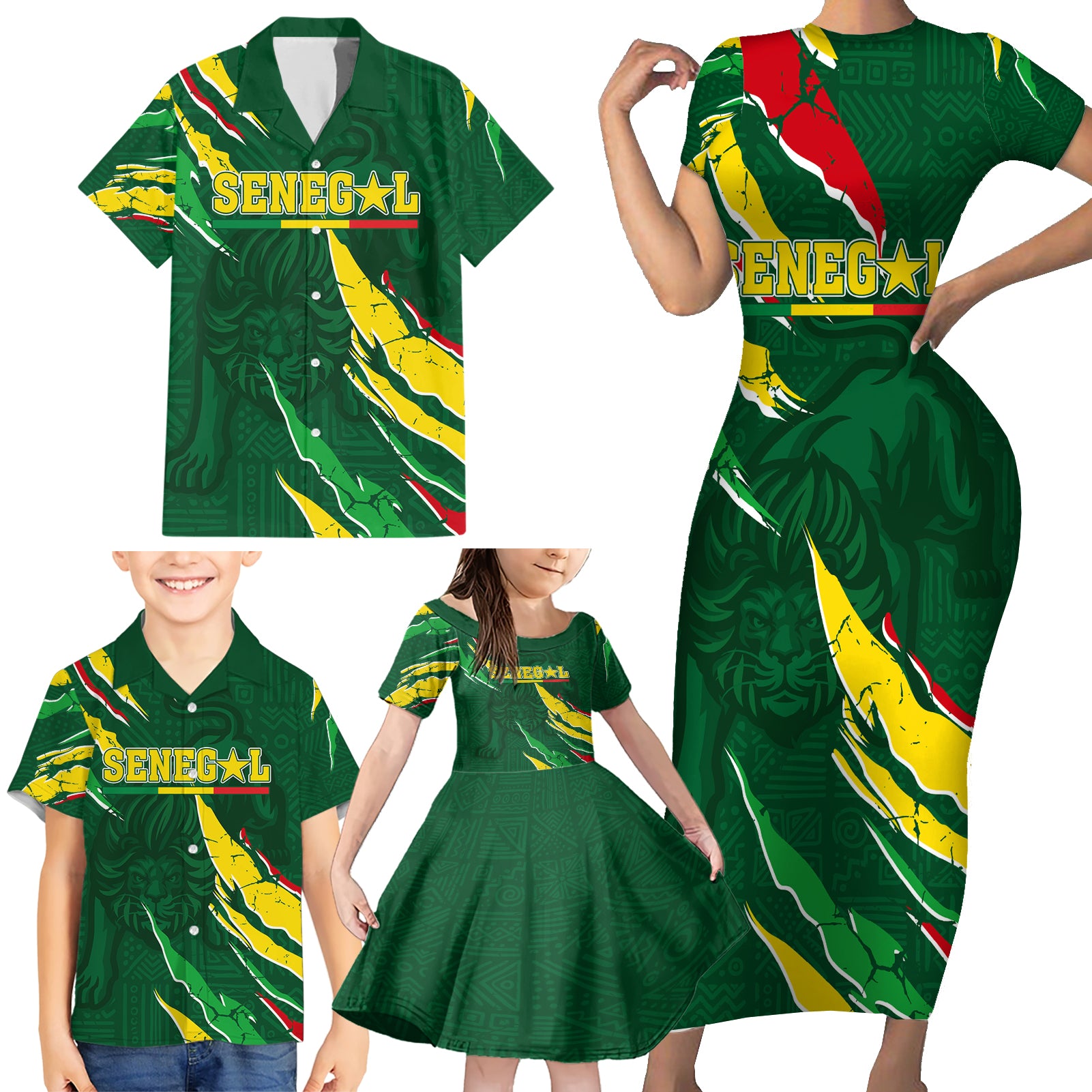 Custom Senegal Football Family Matching Short Sleeve Bodycon Dress and Hawaiian Shirt Nations Cup 2024 Tranga Lions - Wonder Print Shop