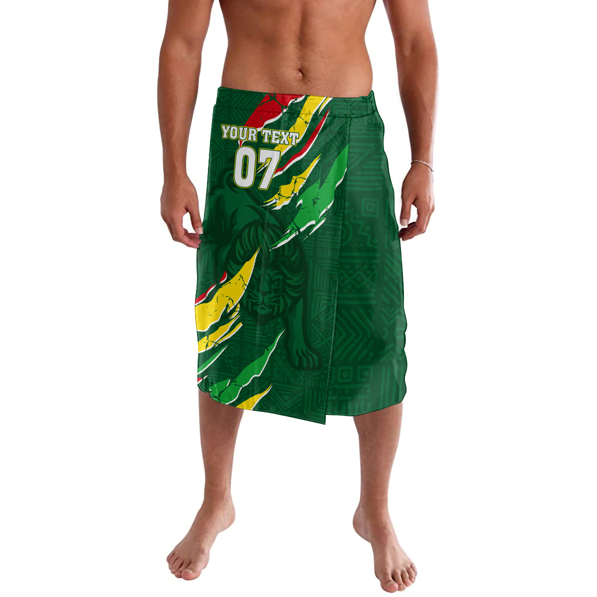 Green soccer-style lavalava shorts with front 'YOUR TEXT' and number 07 graphic