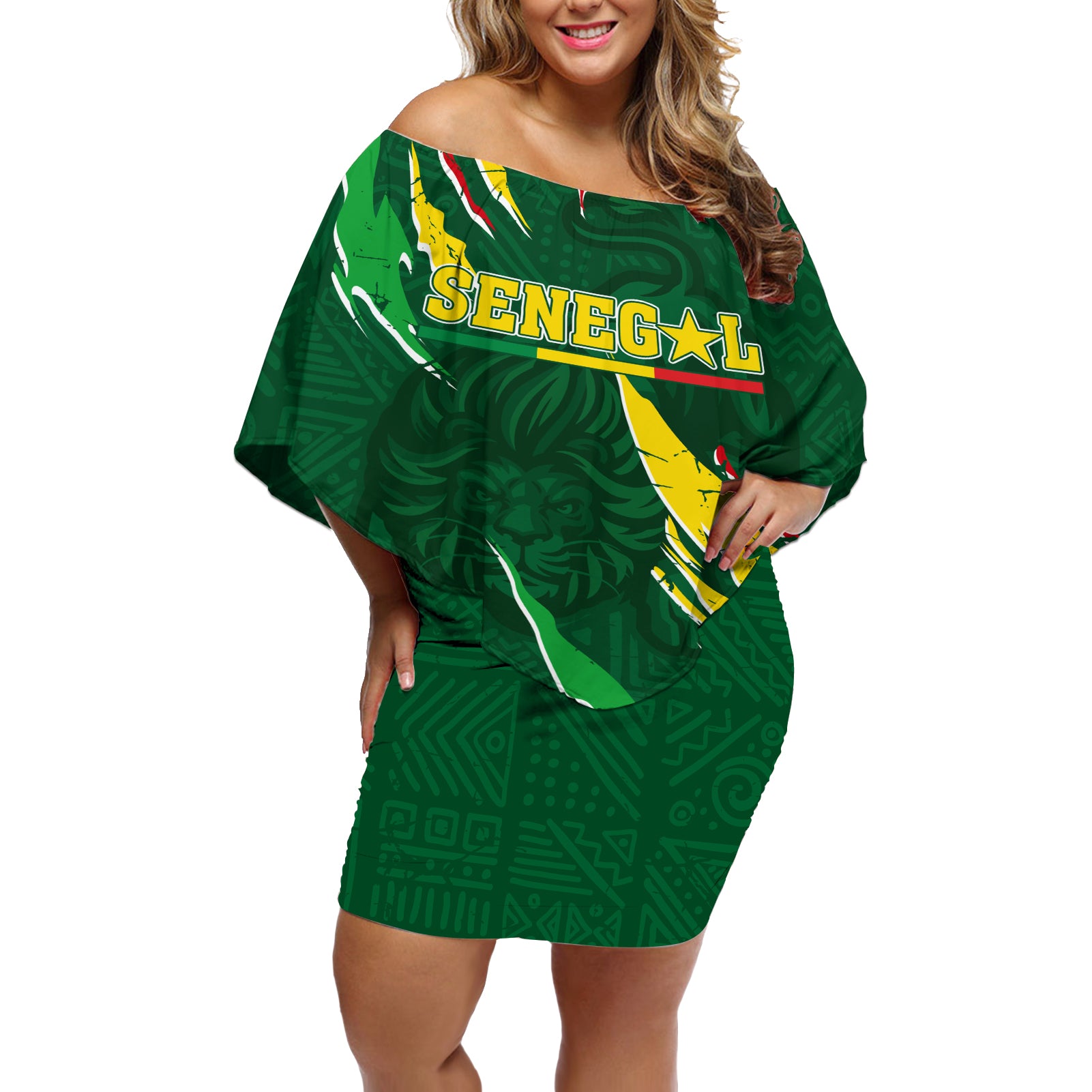 Custom Senegal Football Off Shoulder Short Dress Nations Cup 2024 Tranga Lions - Wonder Print Shop