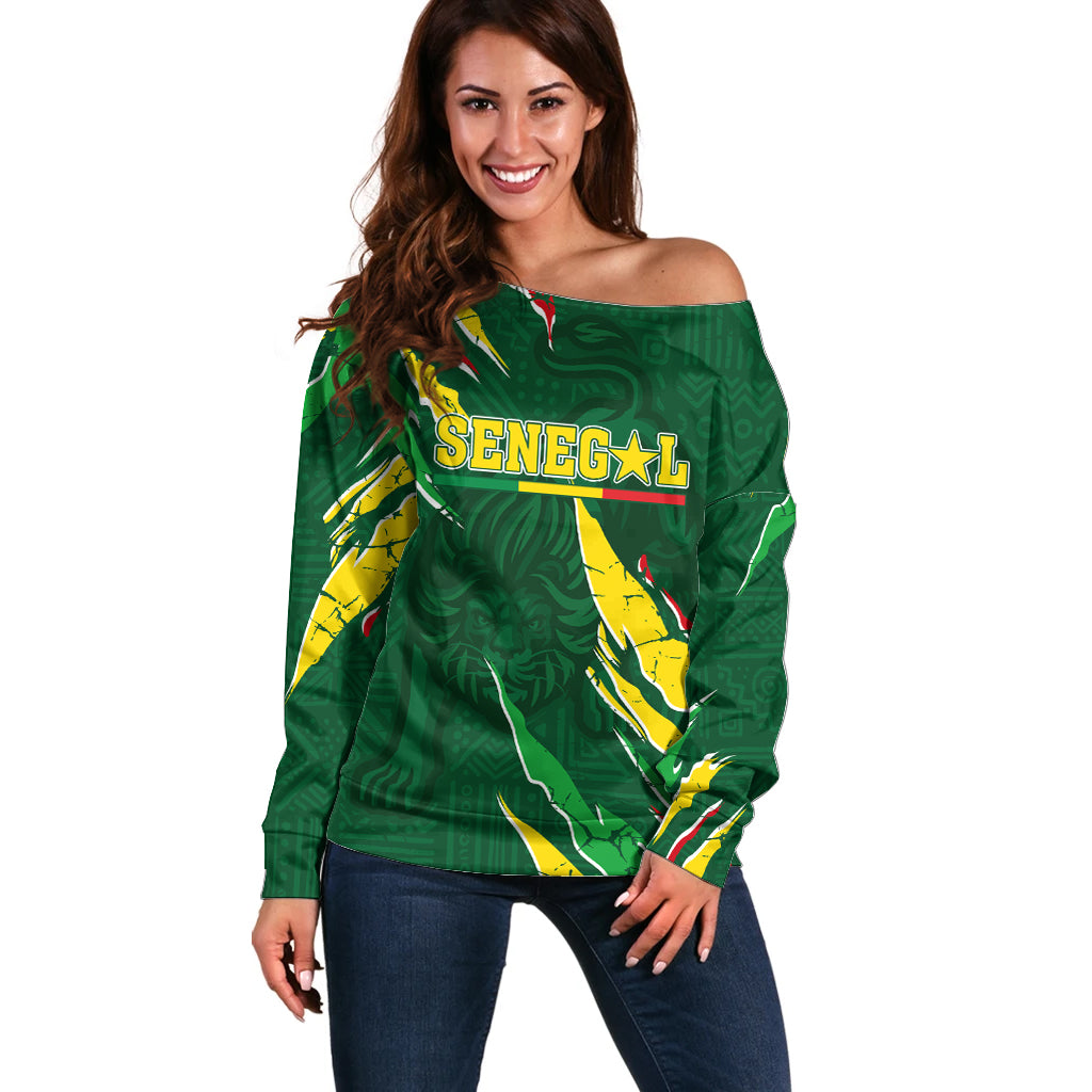 Custom Senegal Football Off Shoulder Sweater Nations Cup 2024 Tranga Lions - Wonder Print Shop