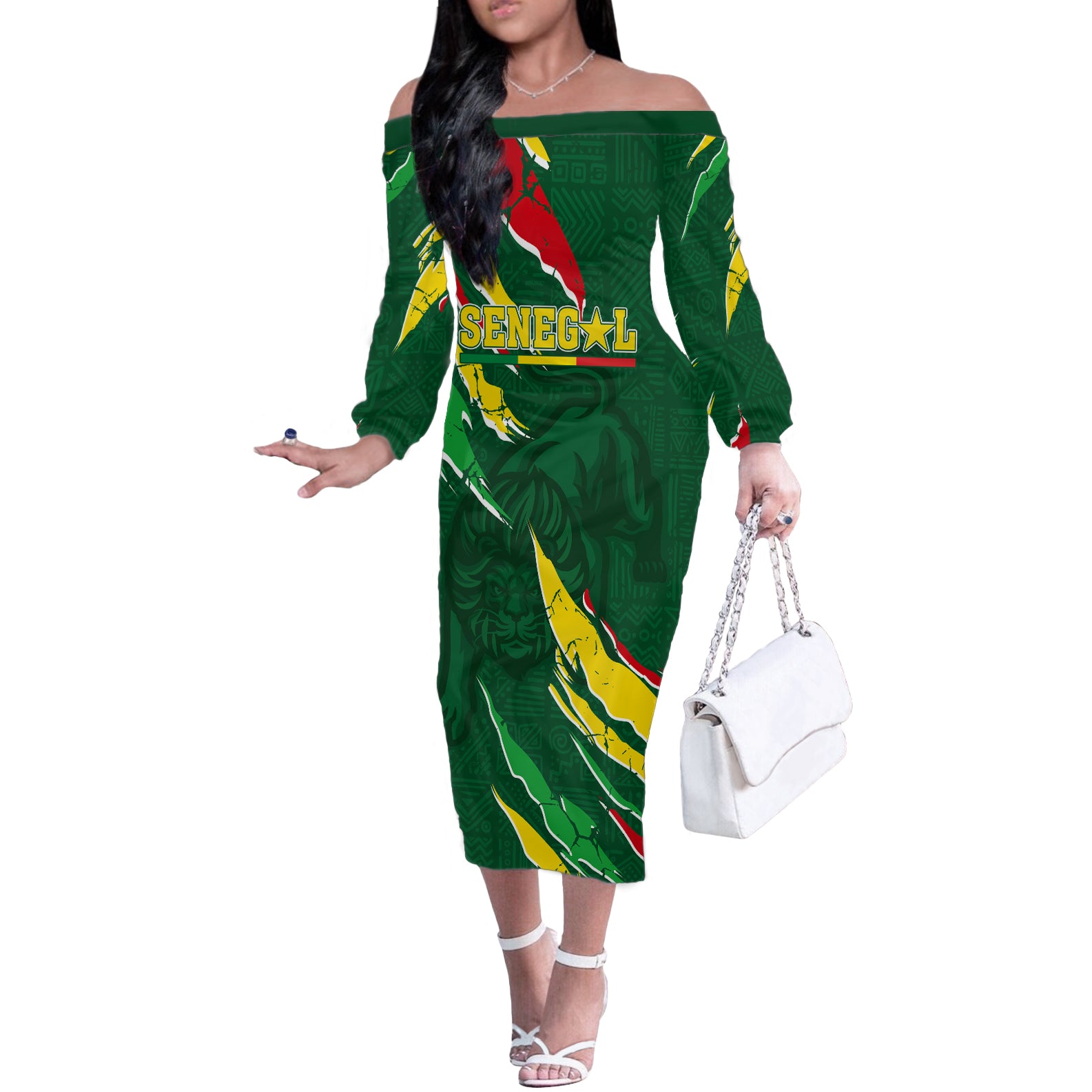 Custom Senegal Football Off The Shoulder Long Sleeve Dress Nations Cup 2024 Tranga Lions - Wonder Print Shop