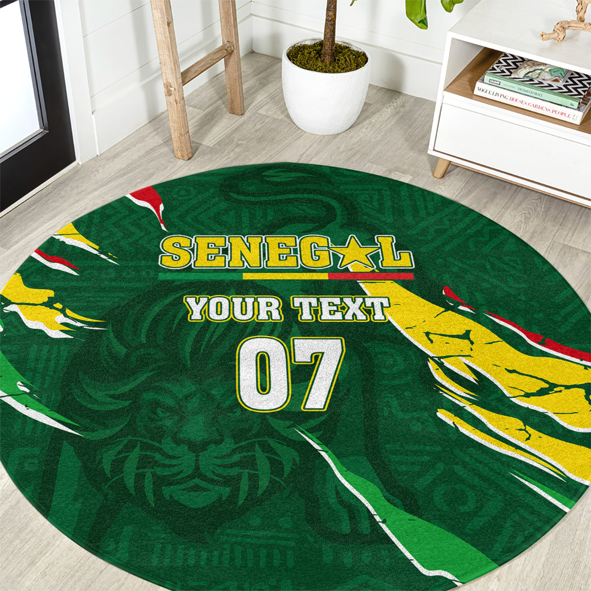 Green round Senegal rug with flag graphics, 'YOUR TEXT', and large 07