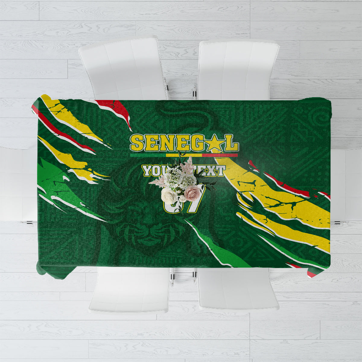 Green Senegal-themed football tablecloth with flag design and mascot graphic