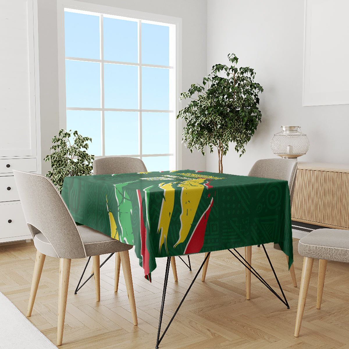 Green football tablecloth on dining table, Senegal flag artwork with red stripe