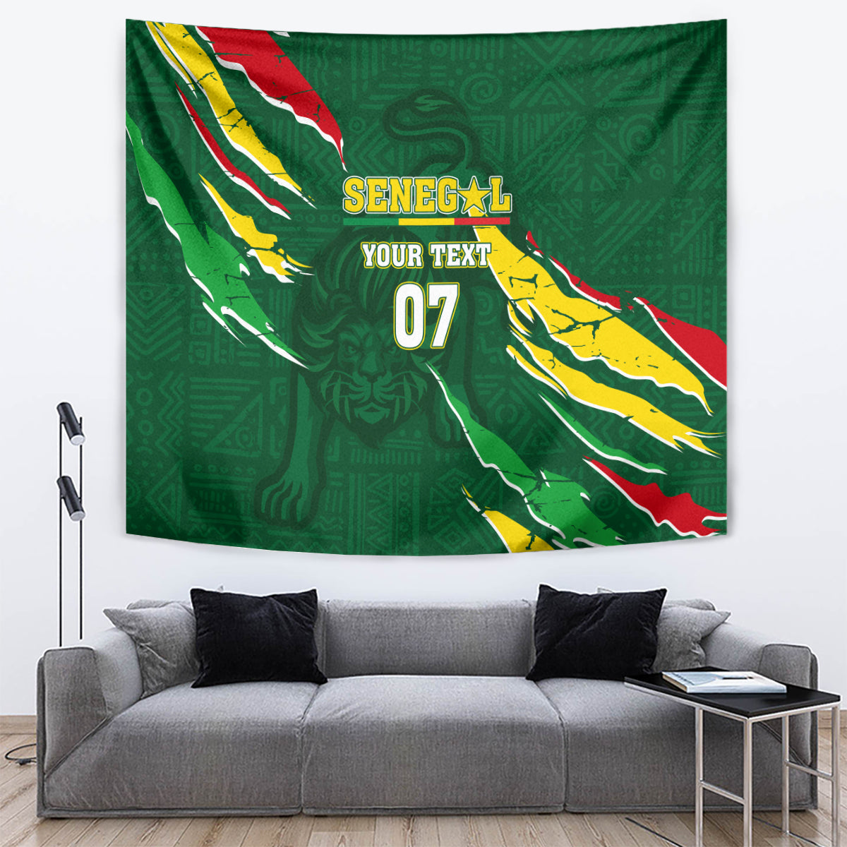 Green rectangular tapestry with Senegal graphics, 'YOUR TEXT' label and '07' number