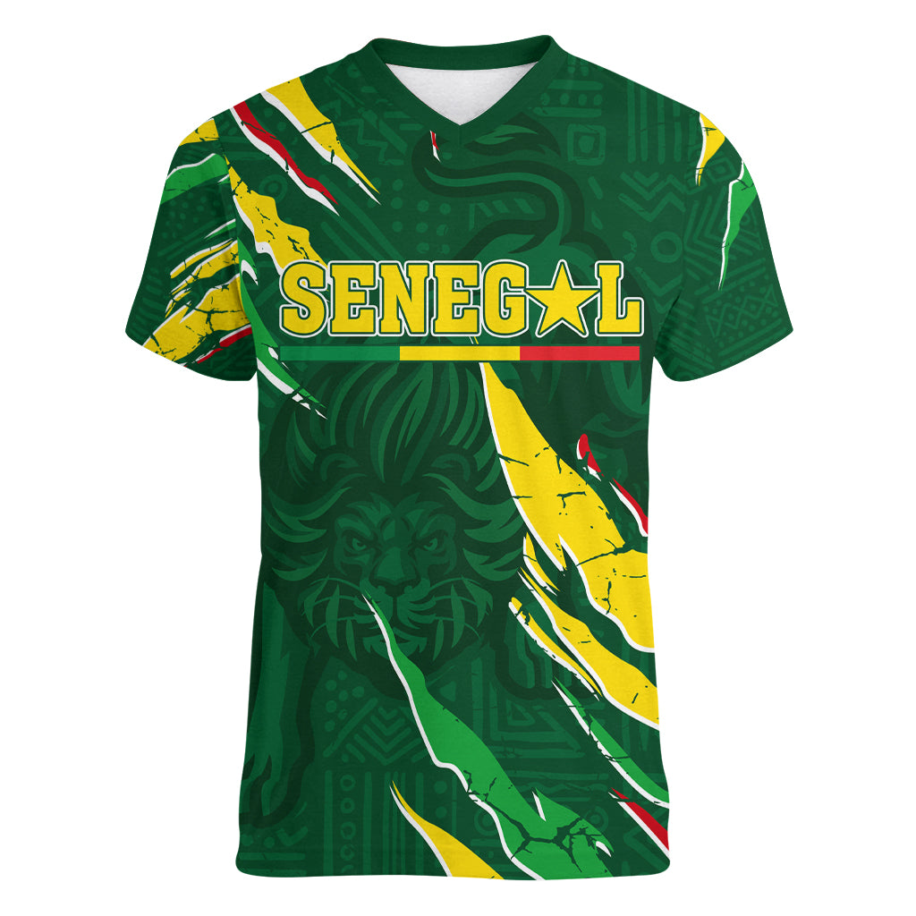 Custom Senegal Football Women V Neck T Shirt Nations Cup 2024 Tranga Lions - Wonder Print Shop