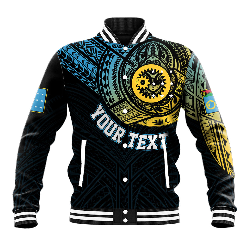 Black personalized Vanuatu baseball jacket with ribbed collar, snap front, front graphic