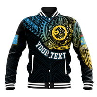 Black personalized Vanuatu baseball jacket with ribbed collar, snap front, front graphic