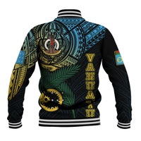 Black personalized Vanuatu baseball jacket with ribbed hem, large back emblem and sleeve flags