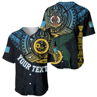 Baseball jersey in black with teal, blue, and gold turtle graphic and flag sleeve patches