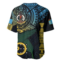 Baseball jersey in black with teal and gold tribal patterns, side stripe, and green leaf motif