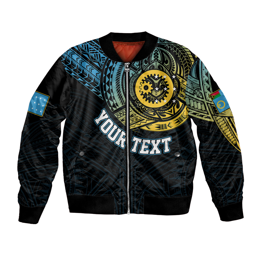 Black unisex bomber jacket with zip front and colorful turtle chest graphic
