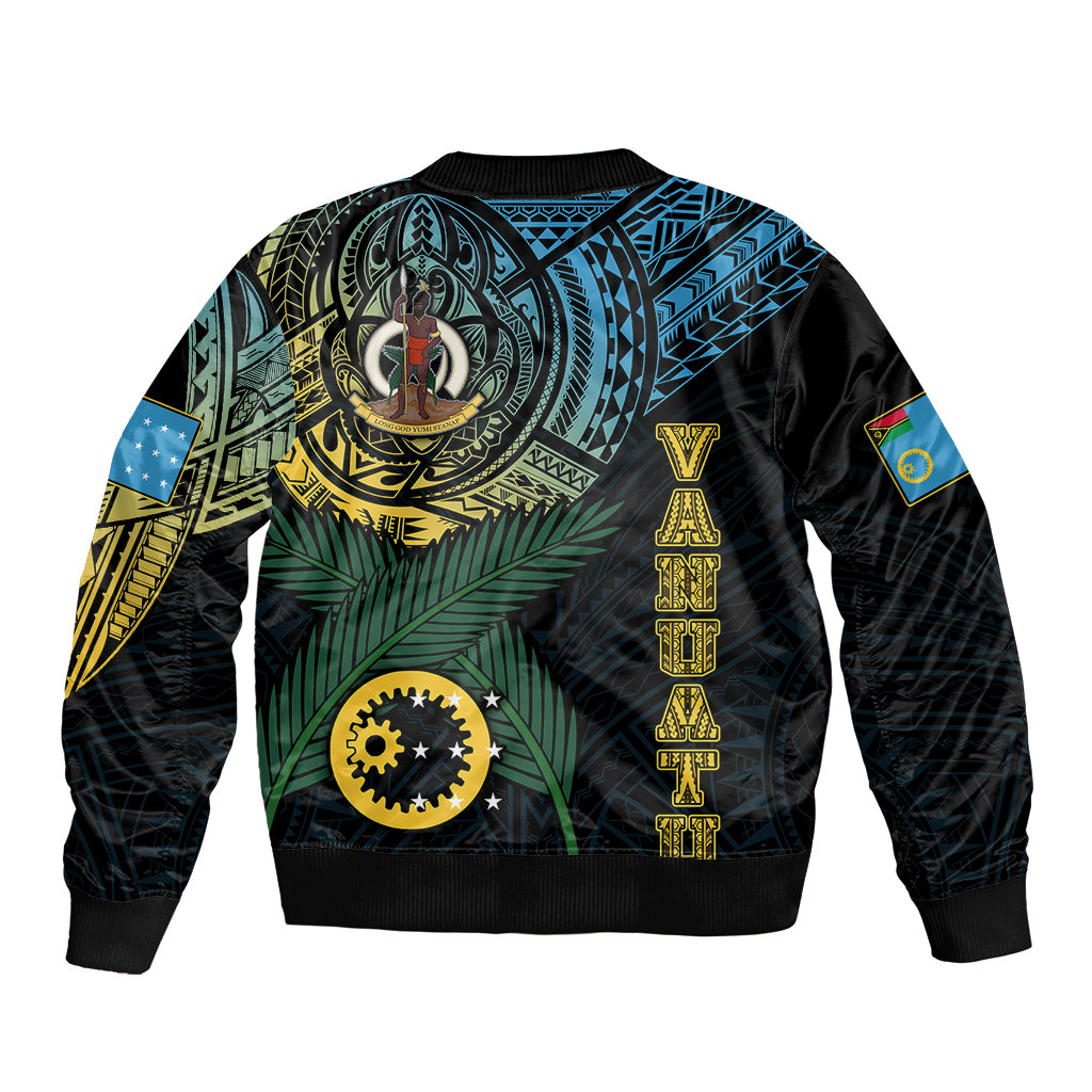 Black unisex bomber jacket, back print with tribal emblems and Vanuatu flag patches