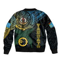 Black unisex bomber jacket, back print with tribal emblems and Vanuatu flag patches