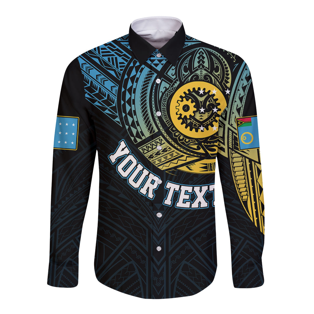 Black long-sleeve button-up shirt with geometric tribal chest graphic and point collar.