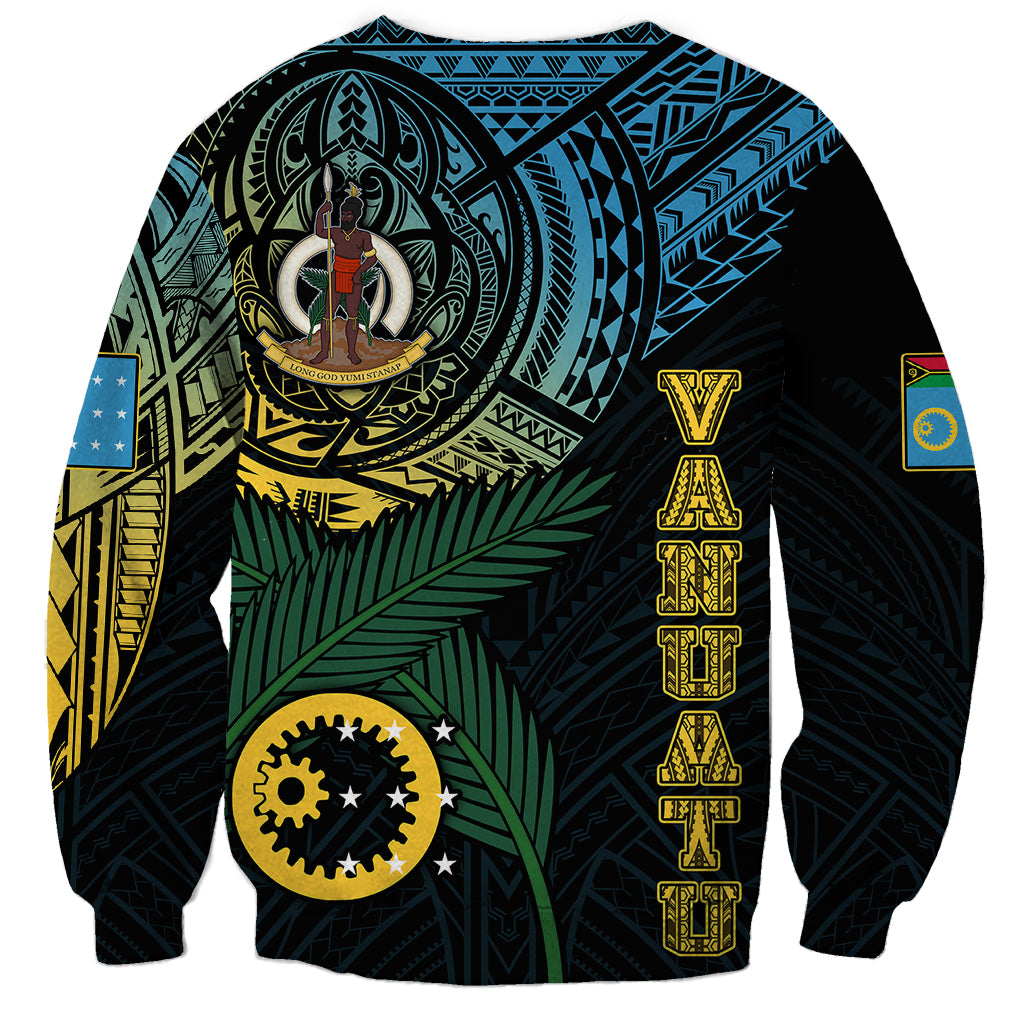 Unisex black sweatshirt with tribal pattern, circular emblem, vertical yellow letters, flag patches