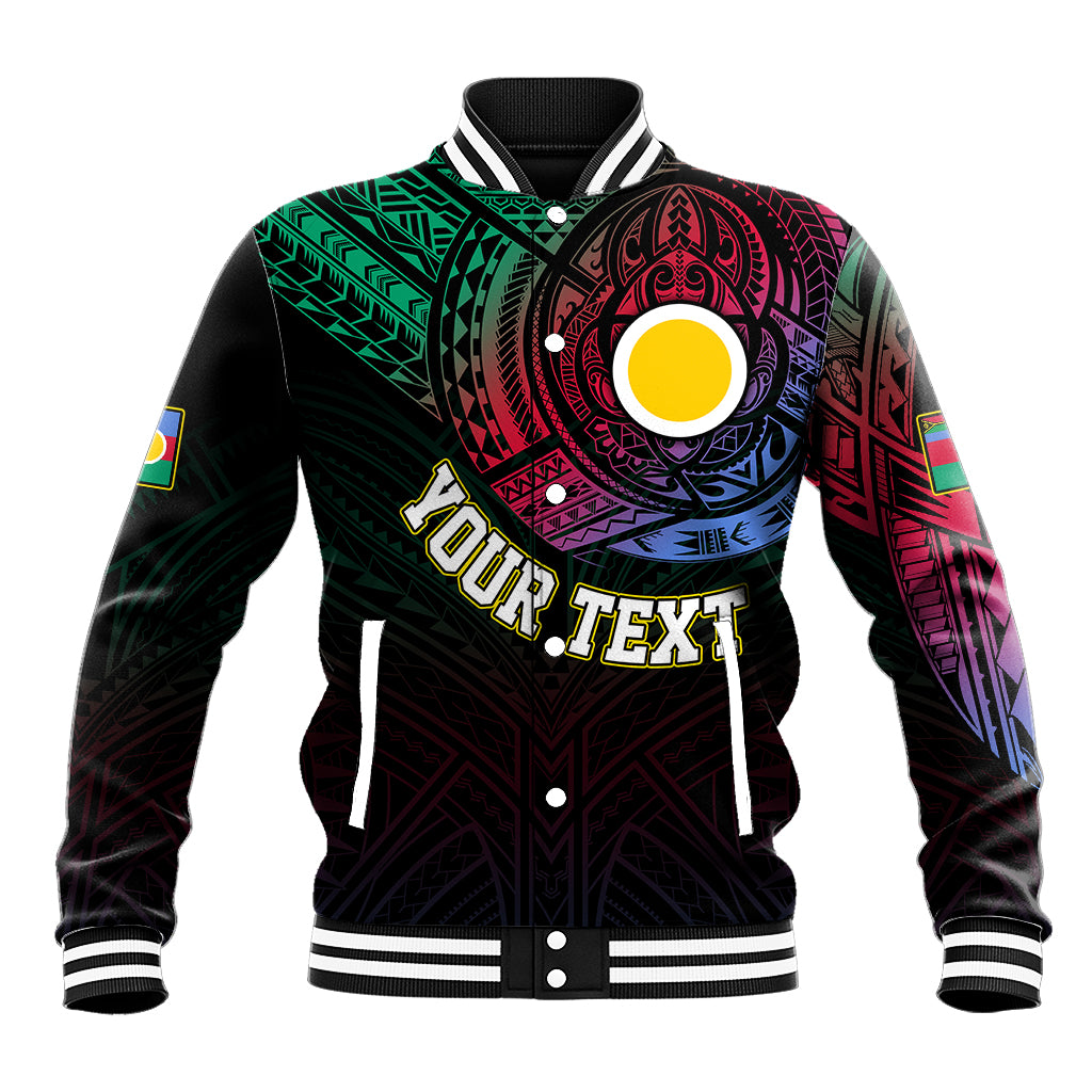 Black baseball jacket with colorful tribal graphic and striped cuffs, snap front