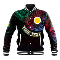 Black baseball jacket with colorful tribal graphic and striped cuffs, snap front