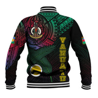 Black baseball jacket back with large tribal owl graphic, striped collar and ribbed hem