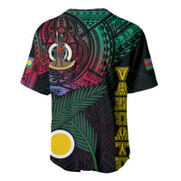 Black baseball jersey back with green leaf and red tribal motifs, yellow sleeve emblem