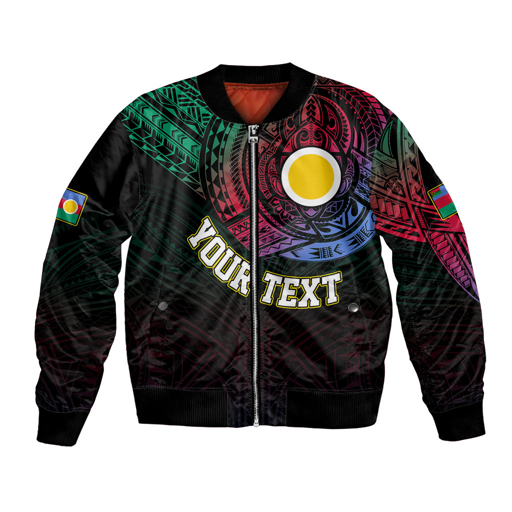 Black unisex bomber jacket with front zipper and colorful tribal chest artwork