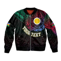 Black unisex bomber jacket with front zipper and colorful tribal chest artwork