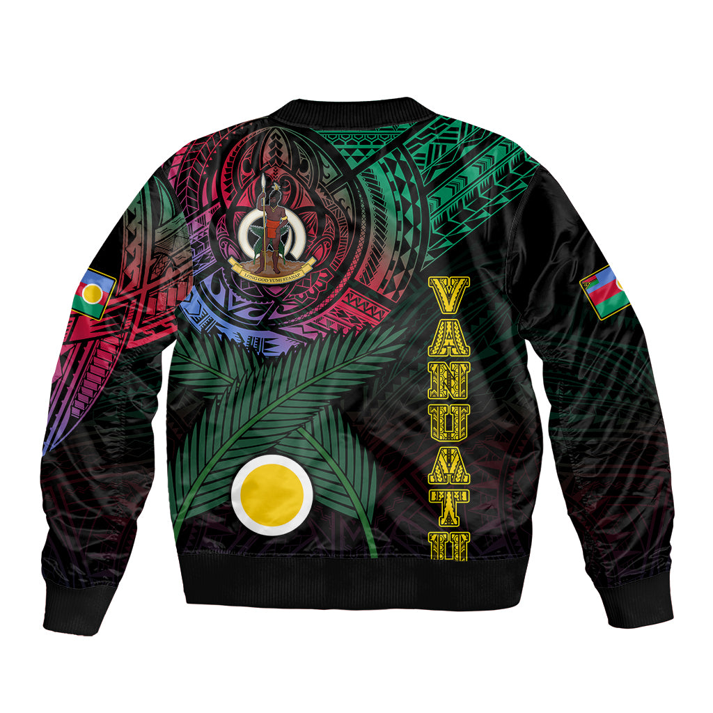 Black unisex bomber jacket with large back graphic and ribbed hem cuffs