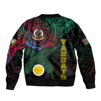 Black unisex bomber jacket with large back graphic and ribbed hem cuffs