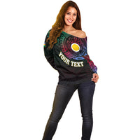 Women’s off-shoulder sweater, black with green-pink tribal mandala and yellow circle
