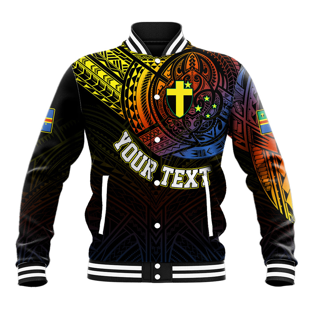 Black baseball jacket with colorful tribal chest graphic and striped ribbed cuffs