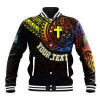Black baseball jacket with colorful tribal chest graphic and striped ribbed cuffs