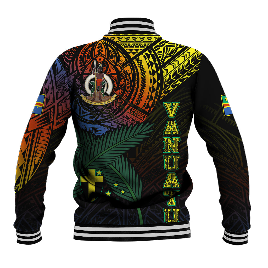 Black baseball jacket back with tribal artwork, green belt graphic, and striped hem cuffs