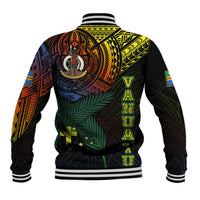 Black baseball jacket back with tribal artwork, green belt graphic, and striped hem cuffs