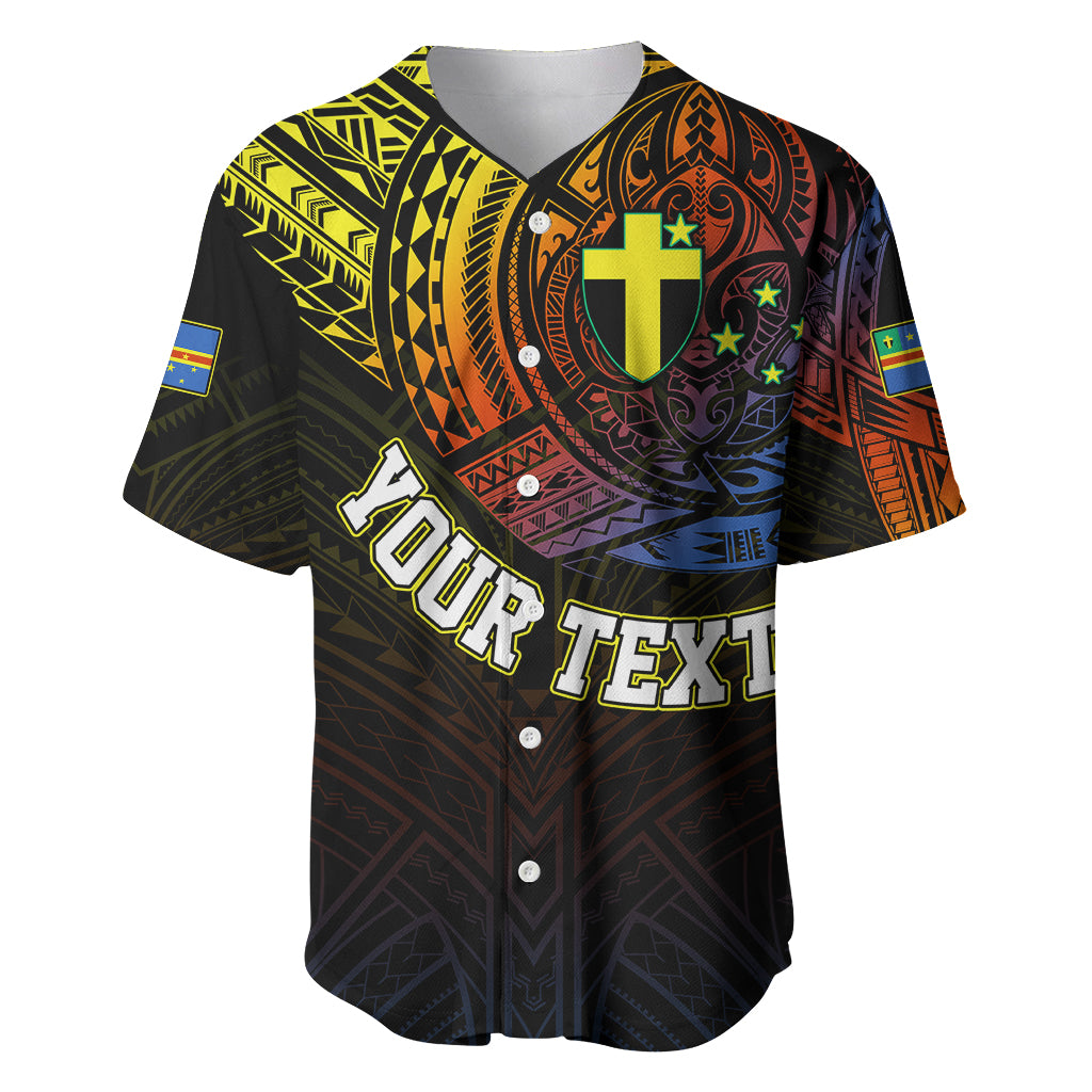 Black baseball jersey with multicolor tribal design, shield emblem, short sleeves