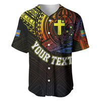 Black baseball jersey with multicolor tribal design, shield emblem, short sleeves