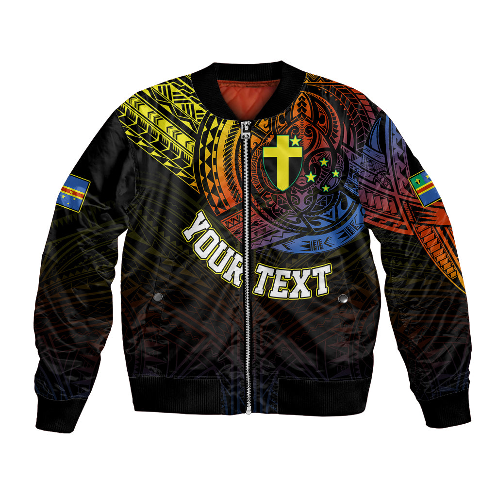 Black bomber jacket with zip front and colorful tribal chest graphic, long sleeves