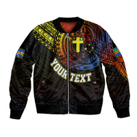 Black bomber jacket with zip front and colorful tribal chest graphic, long sleeves