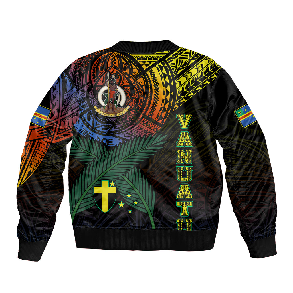 Black bomber jacket with back print of colorful tribal emblem and vertical text graphic