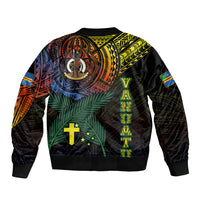 Black bomber jacket with back print of colorful tribal emblem and vertical text graphic