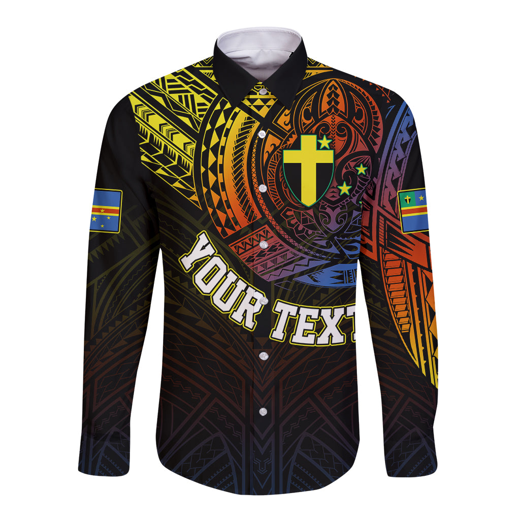 Unisex long sleeve button shirt, black with colorful tribal graphic and chest emblem