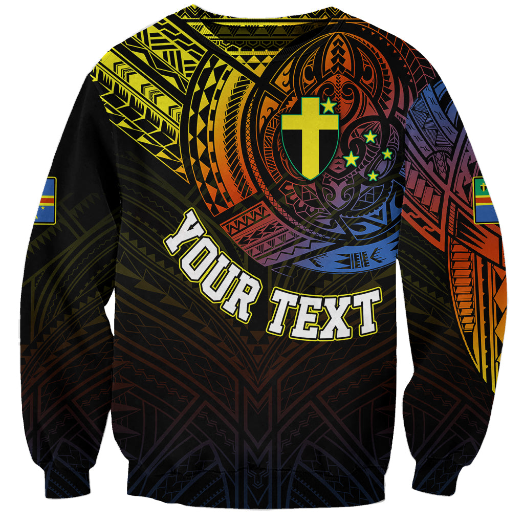 Unisex black crewneck sweatshirt with colorful tribal back graphic, cross shield and text