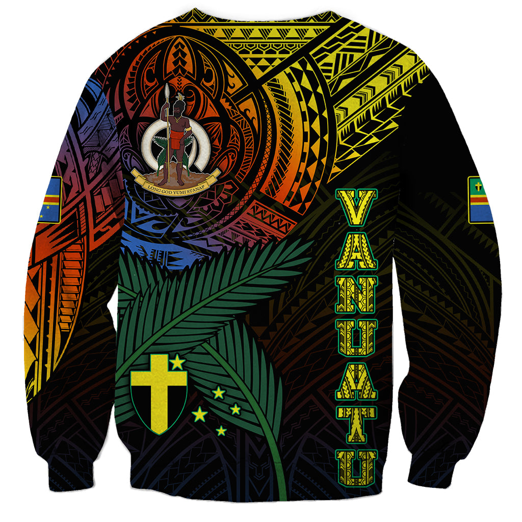Unisex black crewneck sweatshirt with multicolor tribal pattern, large emblem and cross motif