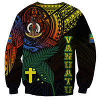 Unisex black crewneck sweatshirt with multicolor tribal pattern, large emblem and cross motif