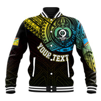 Black baseball jacket with ribbed striped collar and cuffs, plus colorful turtle chest graphic