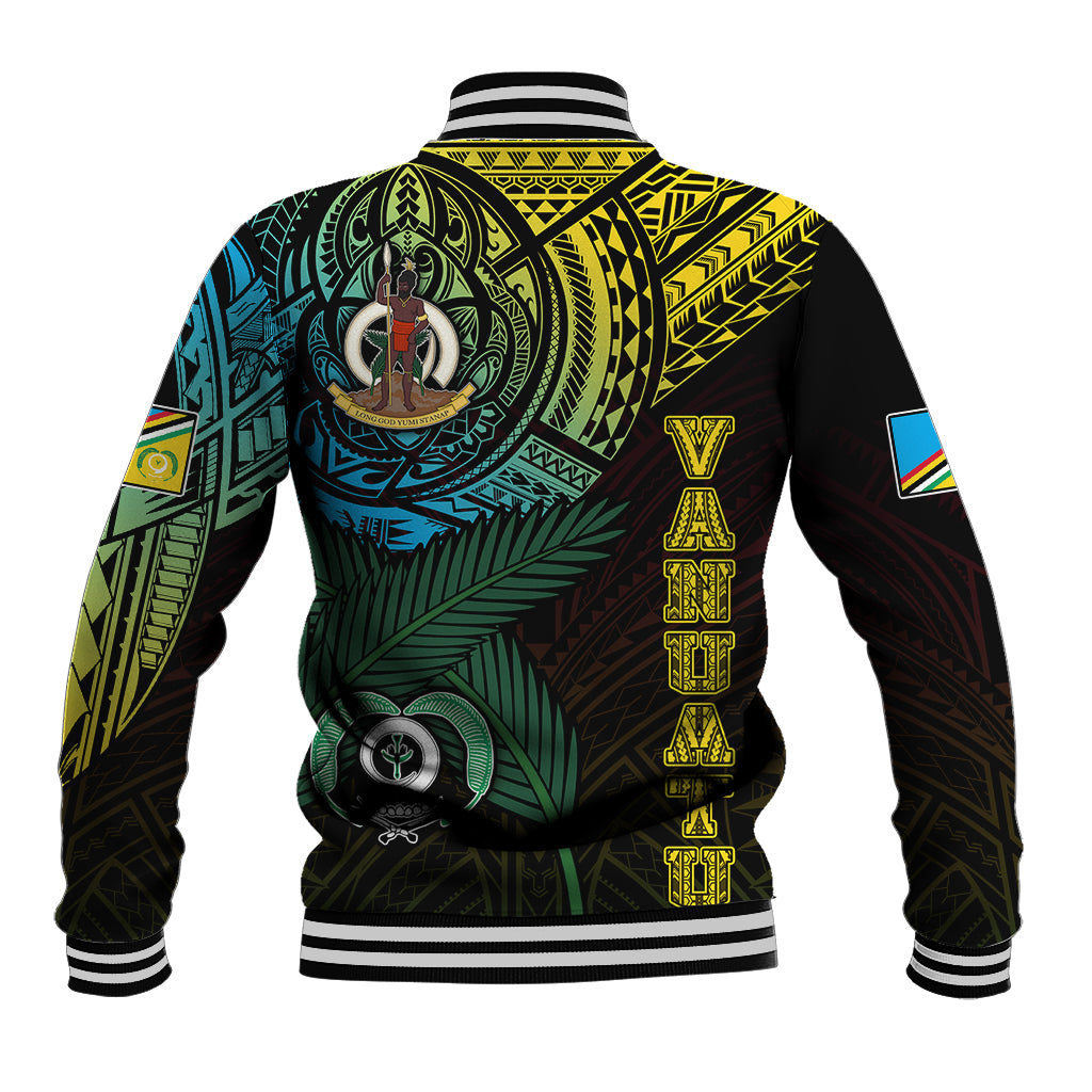 Black baseball jacket with ribbed striped hem and cuffs, colorful turtle back graphic and vertical text