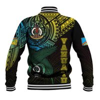 Black baseball jacket with ribbed striped hem and cuffs, colorful turtle back graphic and vertical text
