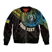Black bomber jacket with colorful tribal graphics, front zipper, ribbed cuffs